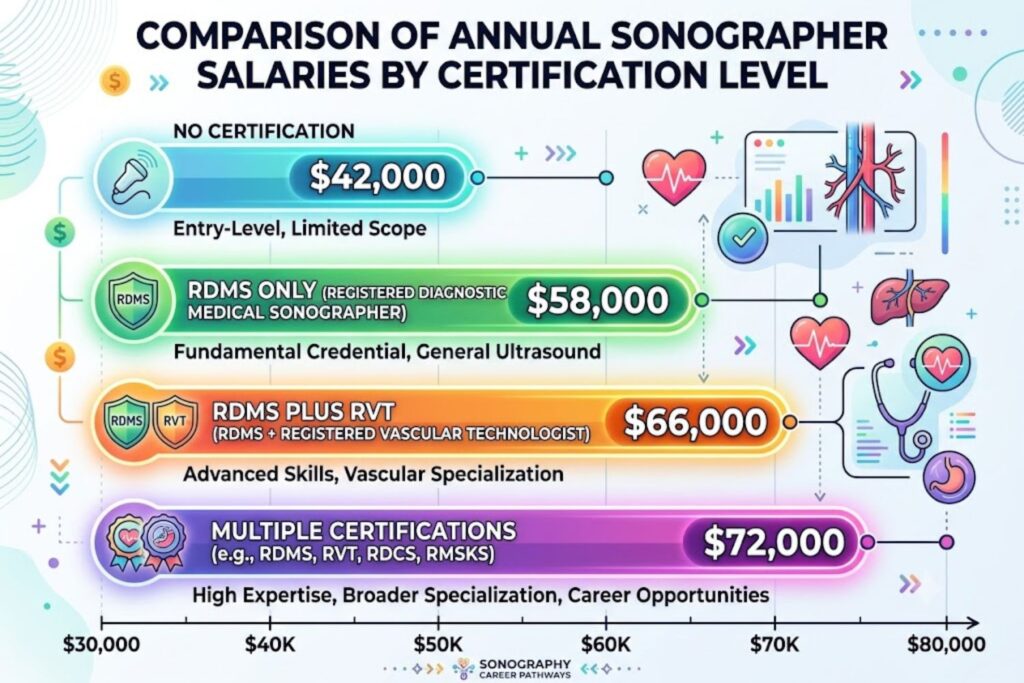 Comparison showing salary differences between sonographers with no certification $42,000, RDMS only $58,000, RDMS plus RVT $66,000, and multiple certifications $72,000