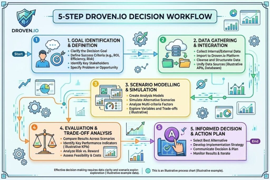 5-step flowchart for using Droven.io effectively from goal identification to decision-making