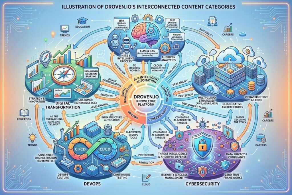 Illustration of Droven.io's interconnected content categories including AI, cloud computing, cybersecurity, DevOps, and digital transformation