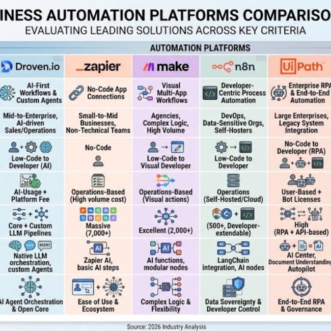 Comparison matrix showing Droven.io automation platforms including Zapier, Make, n8n, UiPath, and Power Automate for 2026 businesses