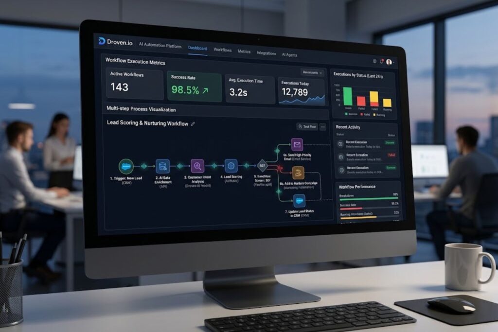 Droven.io AI automation platform dashboard showing workflow execution metrics and multi-step process visualization