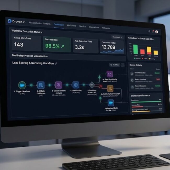 Droven.io AI automation platform dashboard showing workflow execution metrics and multi-step process visualization