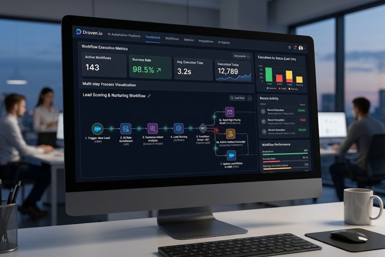 Droven.io AI automation platform dashboard showing workflow execution metrics and multi-step process visualization