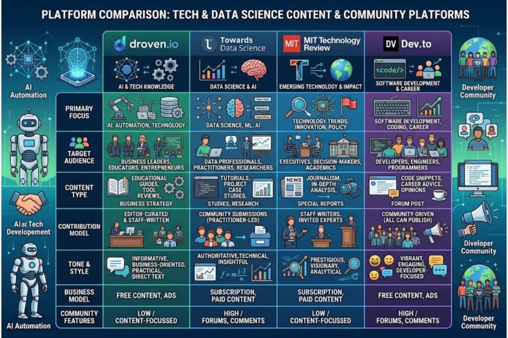 Comparison table: droven.io vs Towards Data Science vs MIT Technology Review vs Dev.to platforms