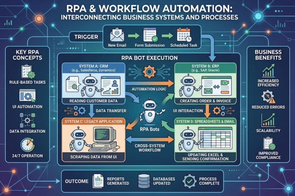 Diagram showing how RPA and workflow automation connect multiple business systems and processes