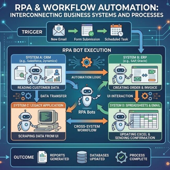 Diagram showing how RPA and workflow automation connect multiple business systems and processes