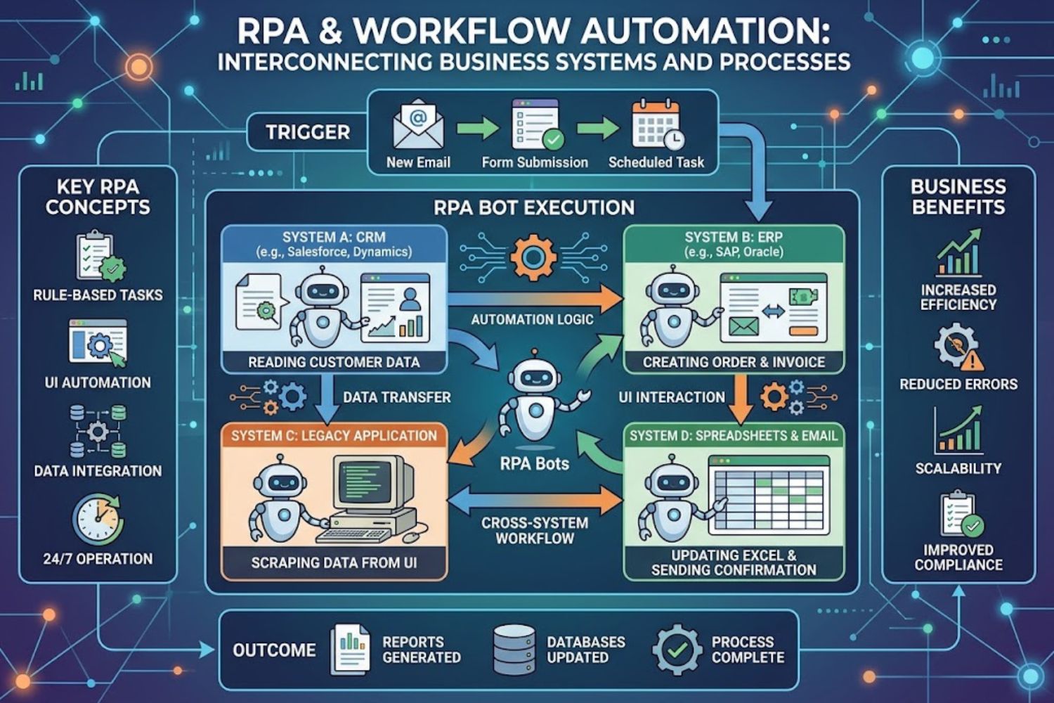 Diagram showing how RPA and workflow automation connect multiple business systems and processes