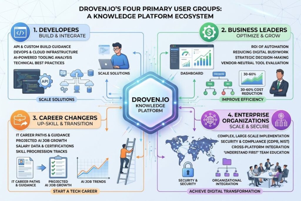 Diagram showing Droven.io's four primary user groups: Developers, Business Leaders, Career Changers, and Enterprise Organizations