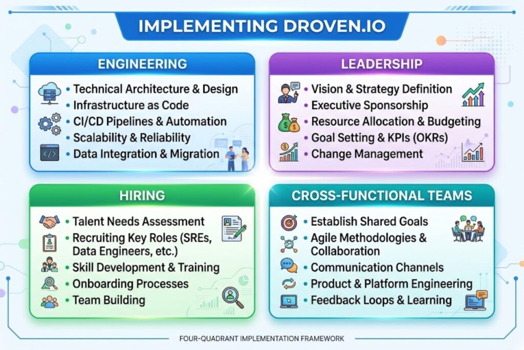 Four-quadrant framework showing how to implement droven.io for engineering, leadership, hiring, and cross-functional teams