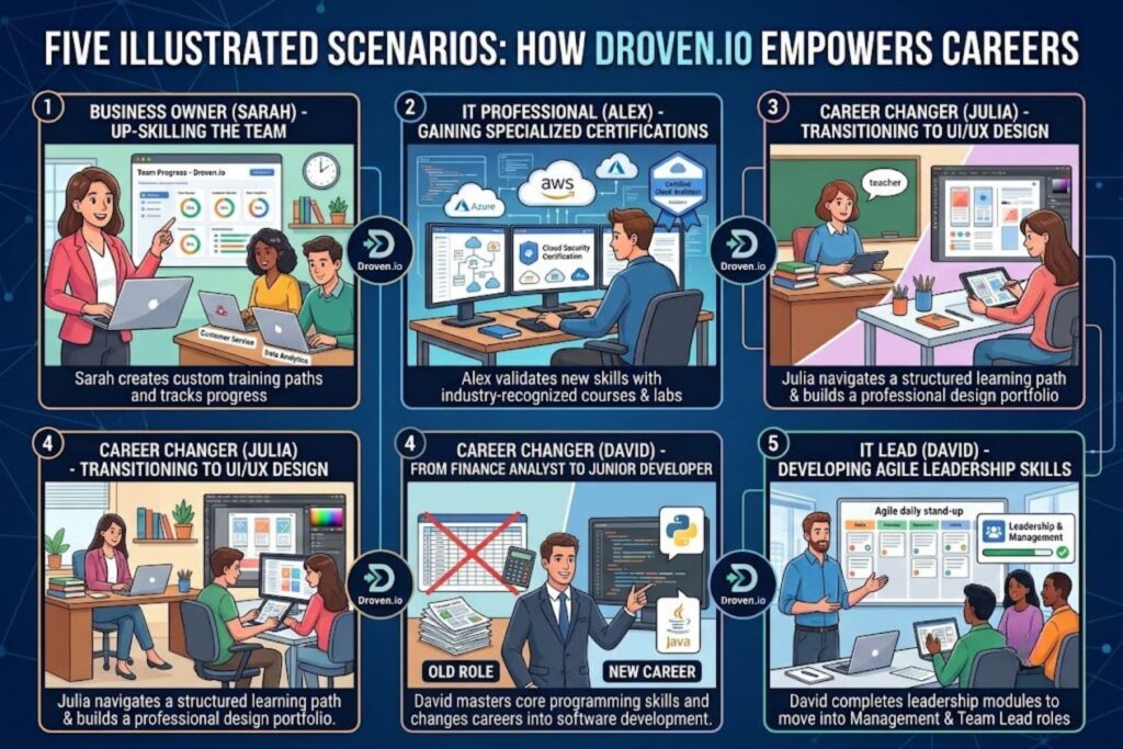 Five illustrated scenarios showing how business owners, IT professionals, and career changers use Droven.io