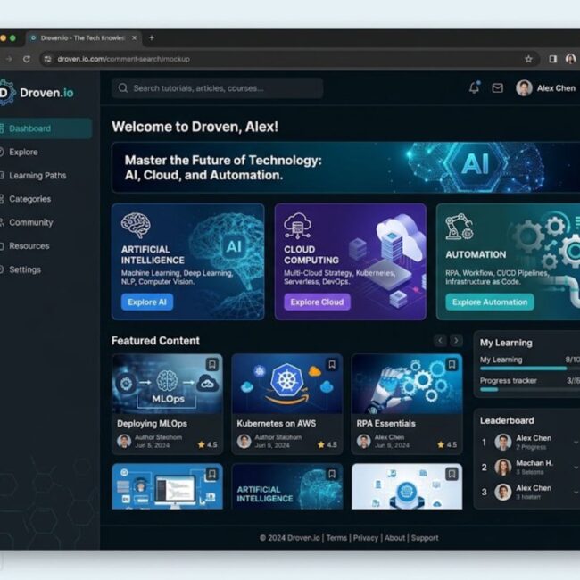 Droven.io vendor-neutral tech knowledge platform showing AI, cloud, and automation content categories