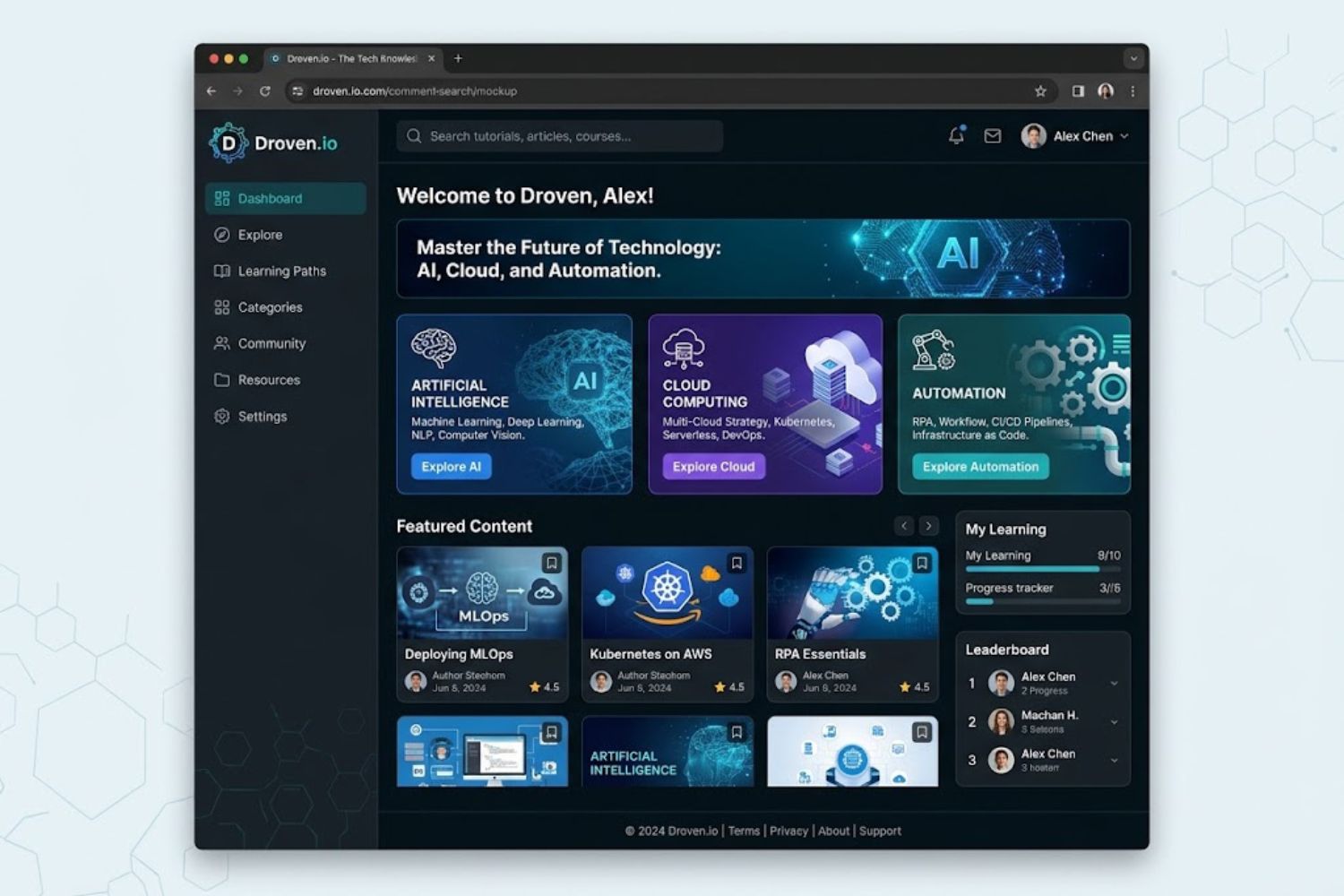Droven.io vendor-neutral tech knowledge platform showing AI, cloud, and automation content categories