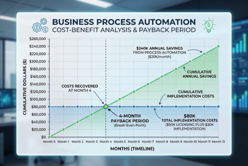Cost-benefit analysis graph comparing implementation costs ($50K licensing + $30K implementation) against annual savings from process automation ($240K) showing 4-month payback period