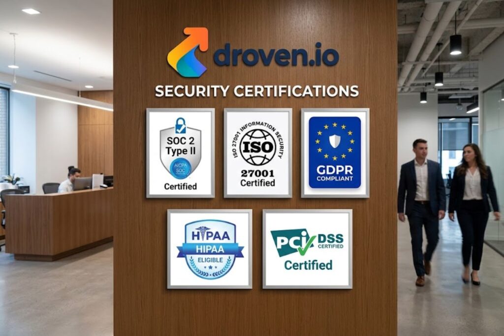 Badge display showing Droven.io security certifications including SOC 2 Type II, ISO 27001, GDPR compliance, HIPAA eligibility, and PCI DSS certification