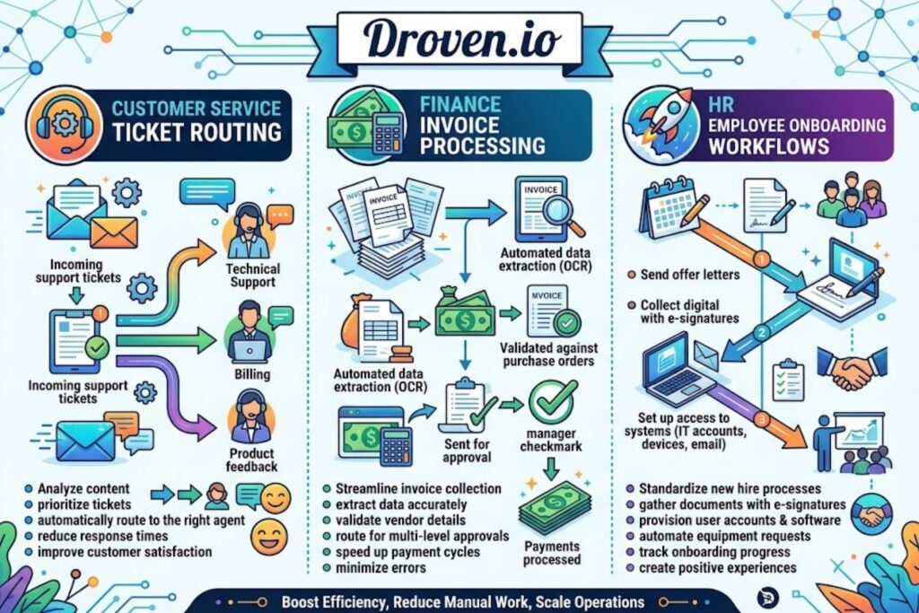 Infographic showing real-world use cases for Droven.io including customer service ticket routing, finance invoice processing, and HR employee onboarding workflows