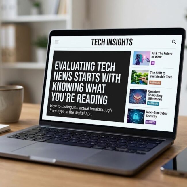 Laptop screen showing a news feed with technology headlines