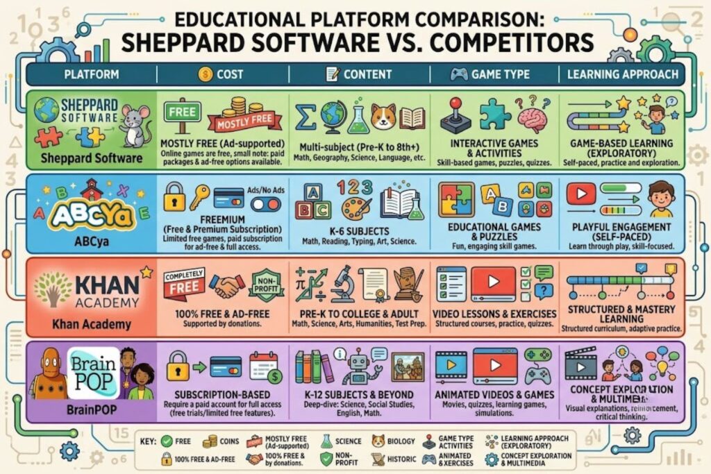 Infographic comparing Sheppard Software to competing platforms across cost, content, game type, and learning approach