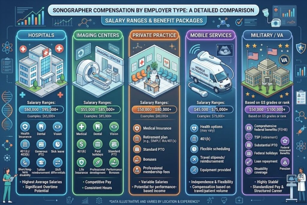 Comparison of sonographer compensation by employer type showing salary ranges and benefit packages for hospitals, imaging centers, private practice, mobile services, and military/VA