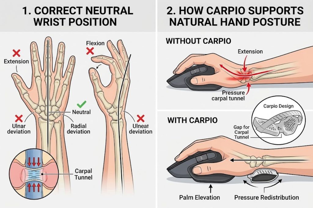 Illustration of correct neutral wrist position and how Carpio supports natural hand posture