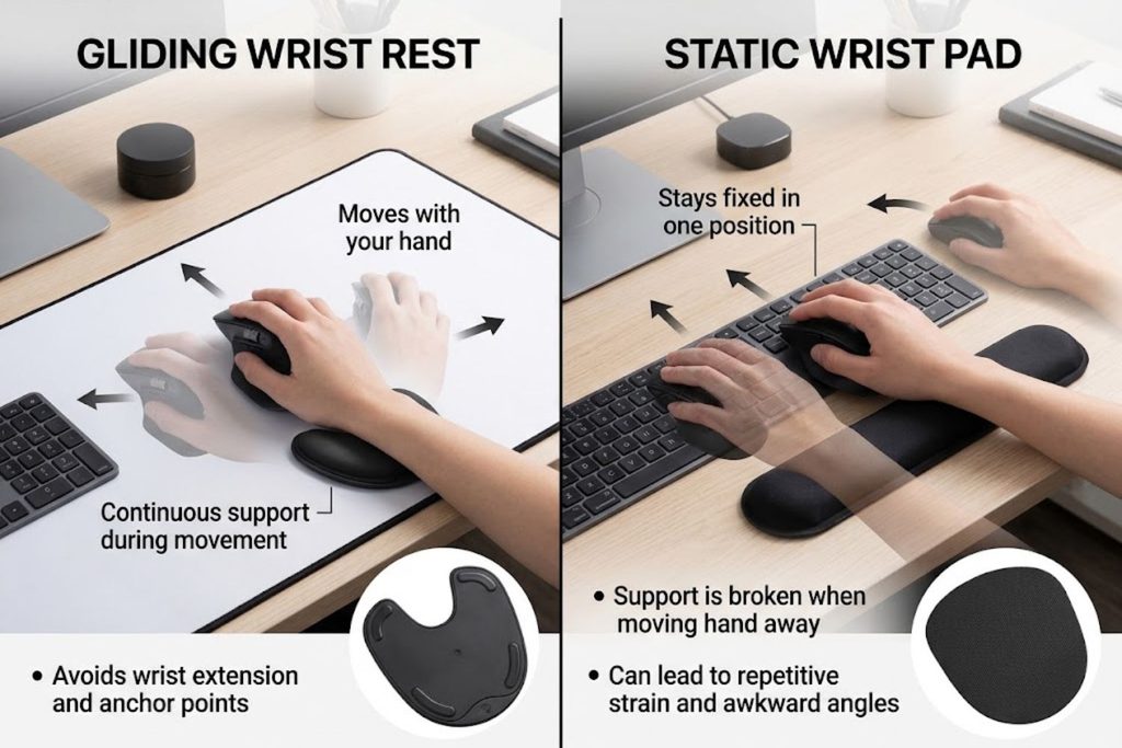 Side-by-side comparison showing how gliding wrist rest moves with hand versus static pad staying fixed