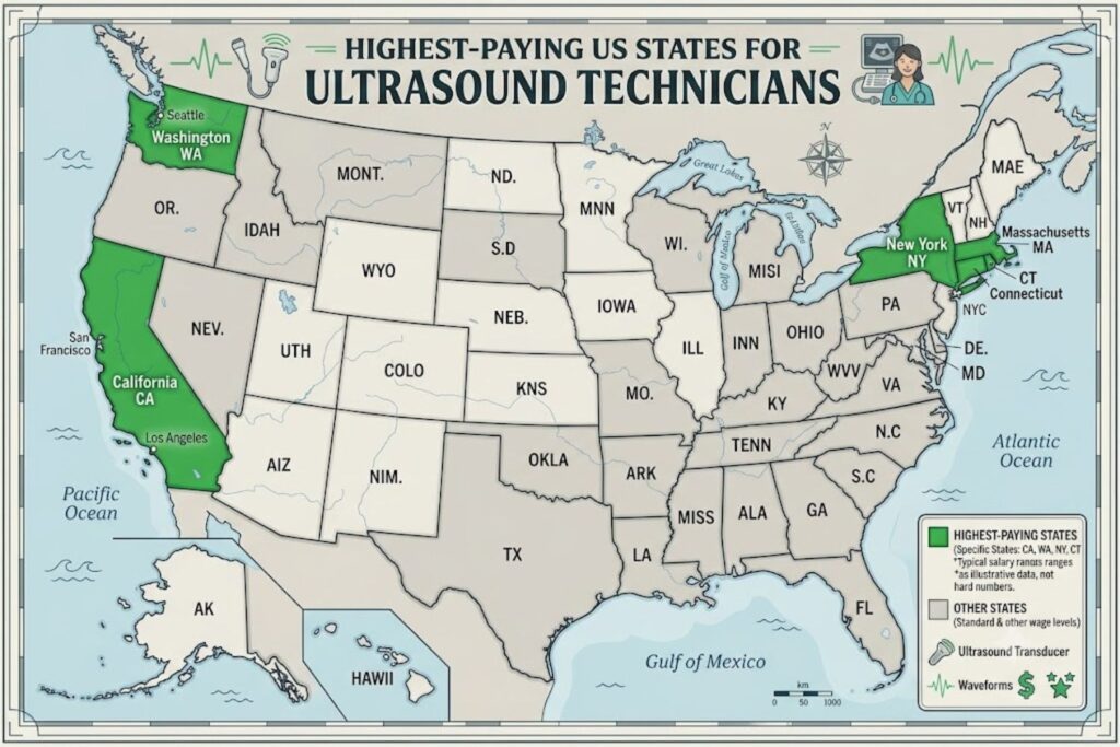 United States map highlighting highest-paying states for ultrasound technicians with Massachusetts, California, Connecticut, New York, and Washington shaded in green