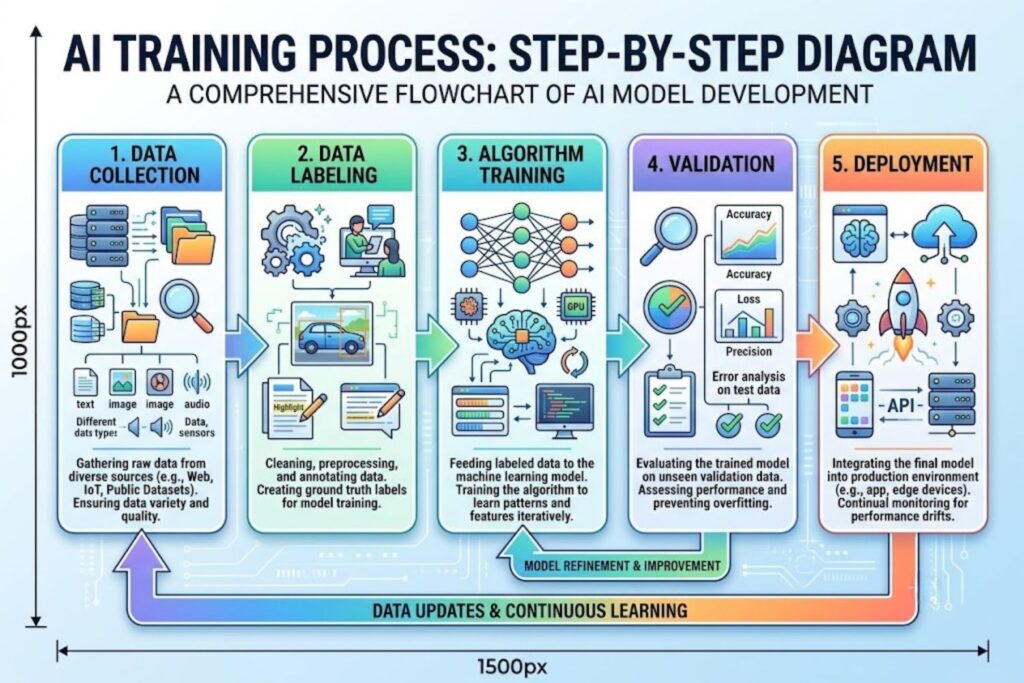 Step-by-step diagram showing AI training process: data collection, labeling, algorithm training, validation, and deployment