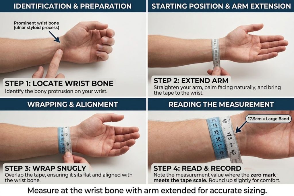 Step-by-step visual guide showing how to measure wrist circumference with soft measuring tape for accurate watch band sizing