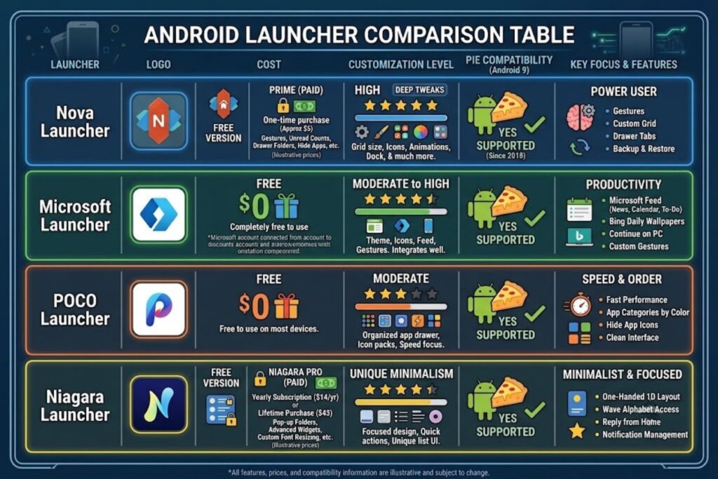 Comparison table showing Nova Launcher, Microsoft Launcher, POCO Launcher, and Niagara Launcher features including cost, customization level, and Pie compatibility