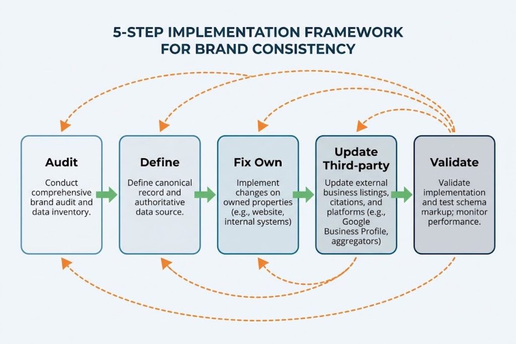 Flowchart showing the 5-step implementation framework: conduct brand audit, define canonical record, fix own properties, update third-party listings, and validate schema markup