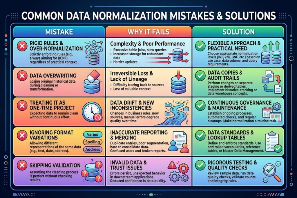 Comparison table showing 5 common normalization mistakes: rigid rules, data overwriting, one-time projects, ignoring variations, and skipping validation with solutions for each