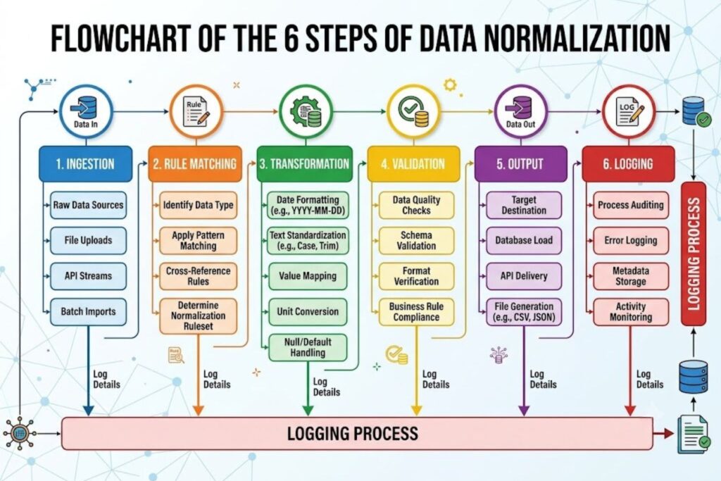 Flowchart showing six steps of data normalization: ingestion, rule matching, transformation, validation, output, and logging