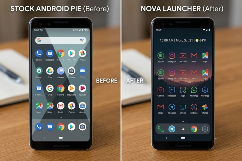 Before-and-after comparison showing stock Android Pie home screen versus Nova Launcher customization with icon pack and widgets
