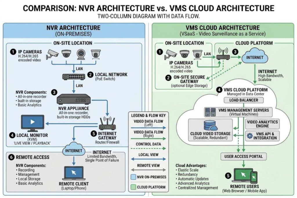 Comparison diagram of Network Video Recorder (NVR) local storage versus Video Management System (VMS) cloud architecture