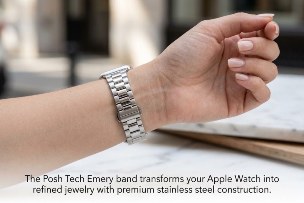 Posh Tech Women's Emery silver stainless steel Apple Watch band displayed on wrist, showing refined link design and deployment clasp