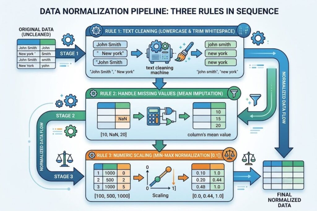 Visual showing three normalization rules executing in sequence with data flowing through each layer