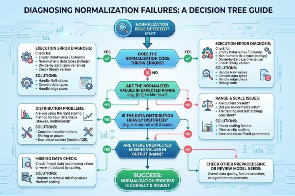 Decision tree with yes/no branches guiding users through diagnosing normalization failures