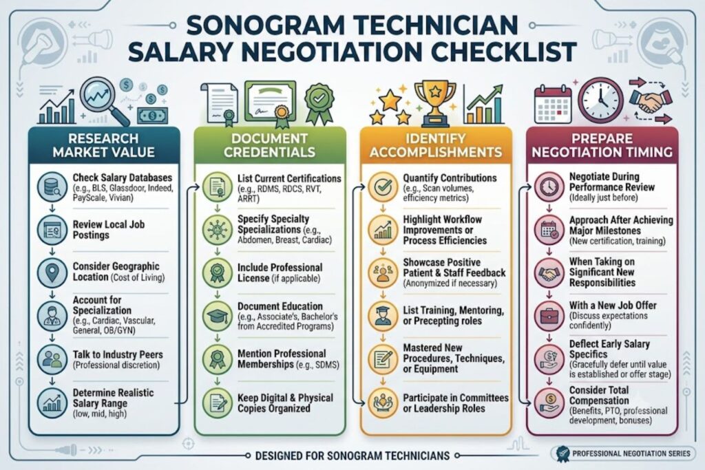 Checklist for sonogram tech salary negotiation including steps for researching market value, documenting credentials, identifying accomplishments, and preparing negotiation timing