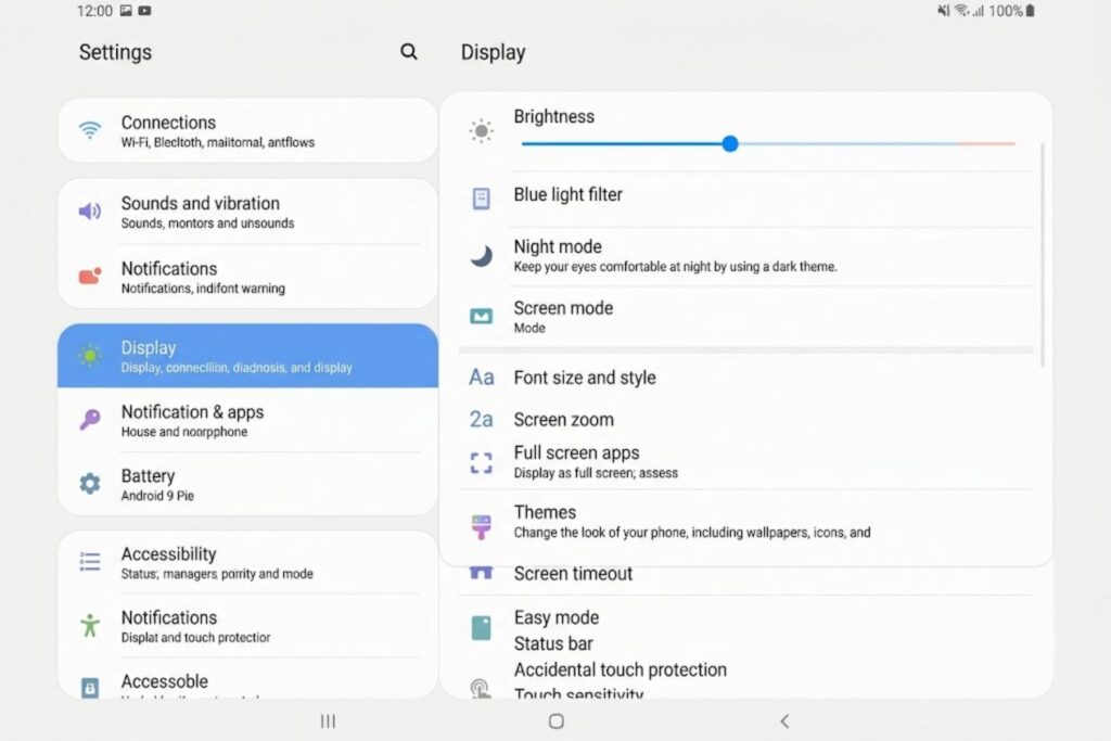 Screenshot of Samsung Galaxy Settings menu showing Themes option within Display section for Android Pie