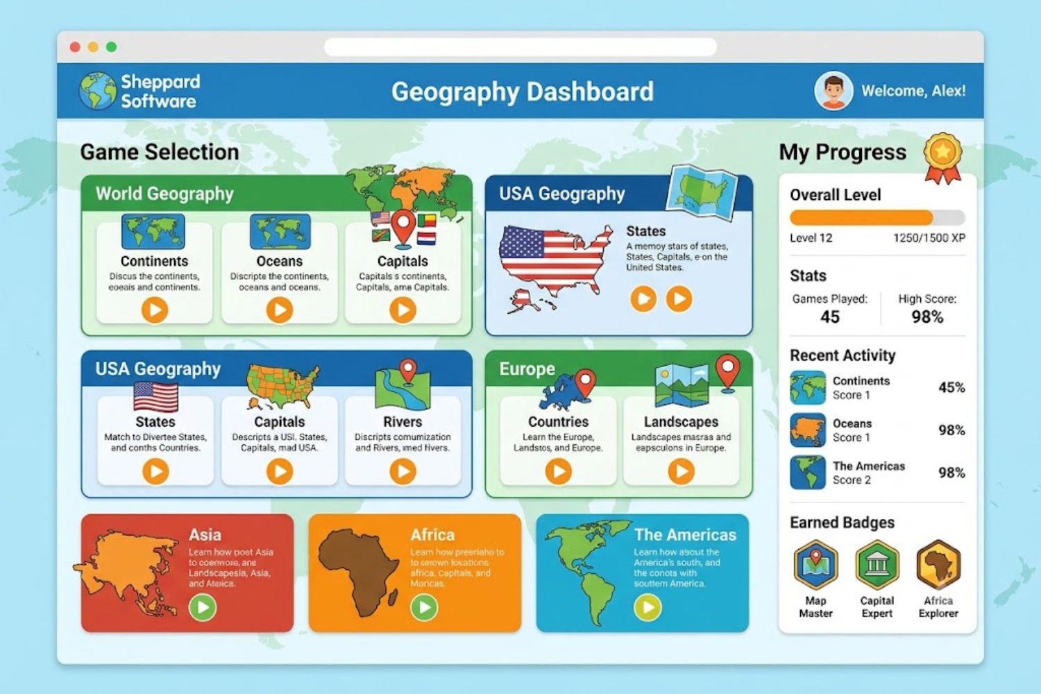Sheppard Software dashboard showing geography game selection with multiple game categories and progress tracking interface