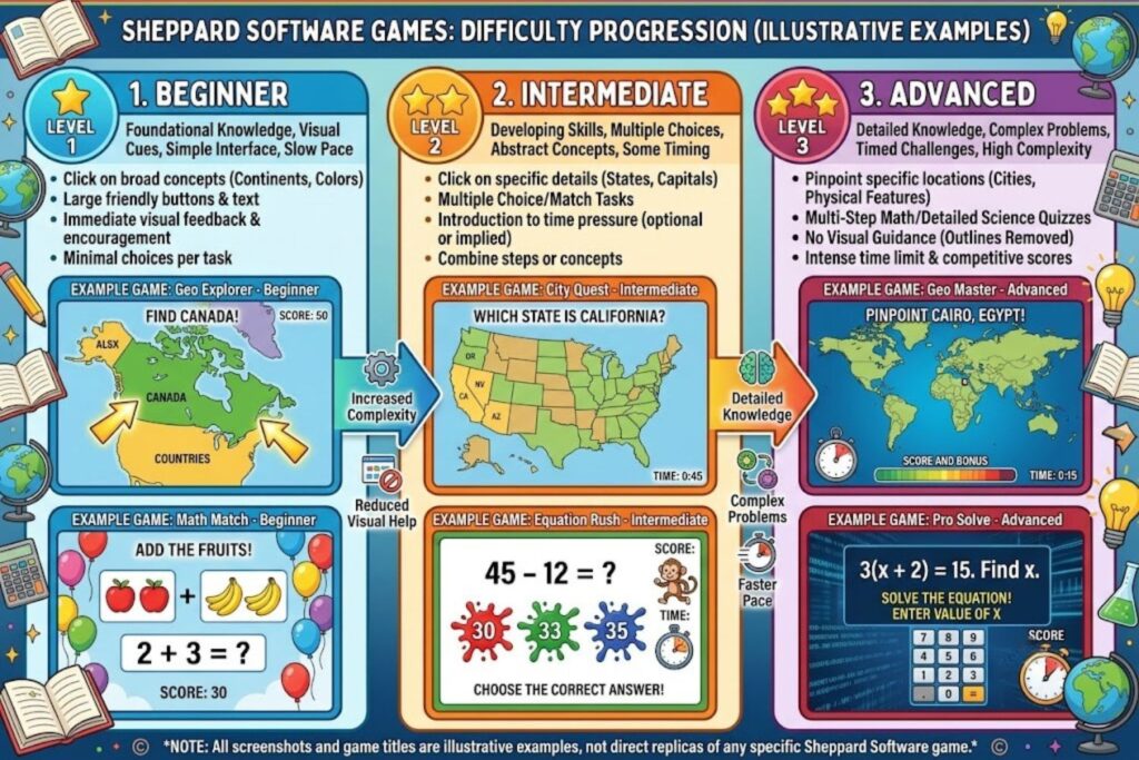 Visual showing progression from beginner to advanced difficulty levels in Sheppard Software games with example screenshots