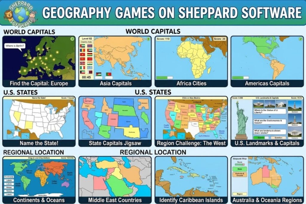 Collection of geography game thumbnails including world capitals, U.S. states, and regional location challenges on Sheppard Software
