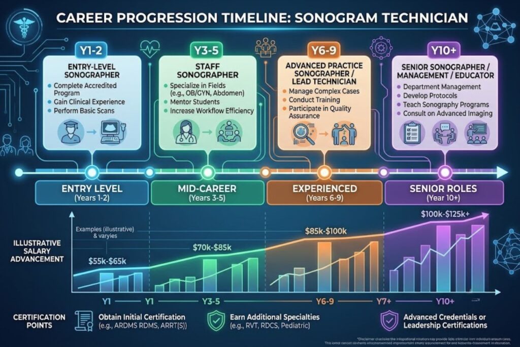 Career progression timeline for sonogram technicians showing salary advancement from year 1-2 entry level through year 10-plus senior roles, with key milestones and certification points marked