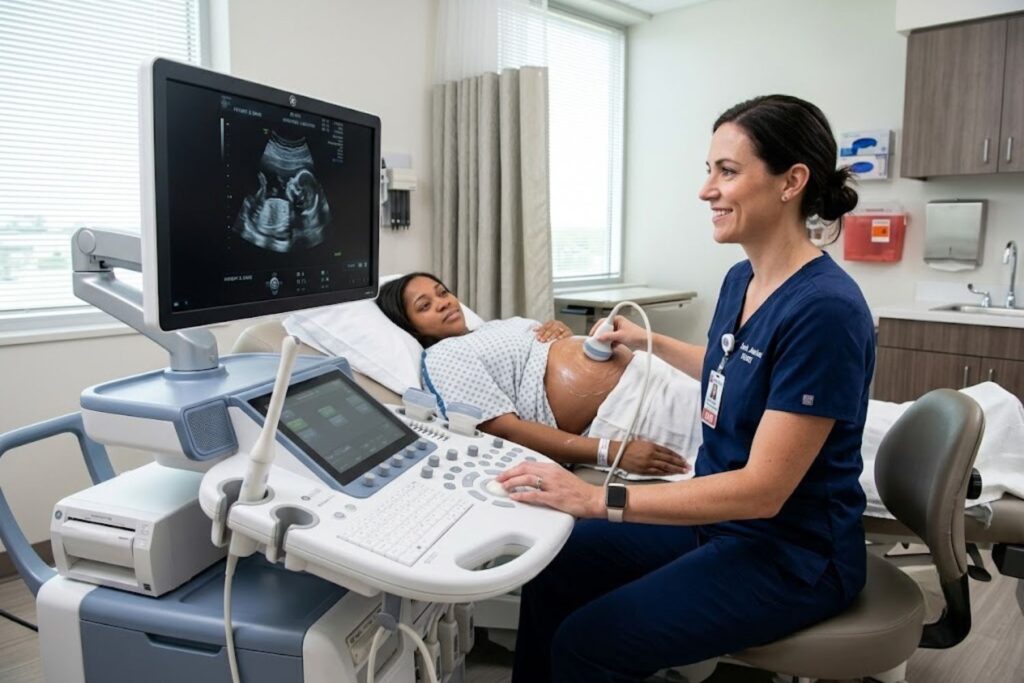 Professional ultrasound technician performing diagnostic sonogram on patient in modern healthcare facility