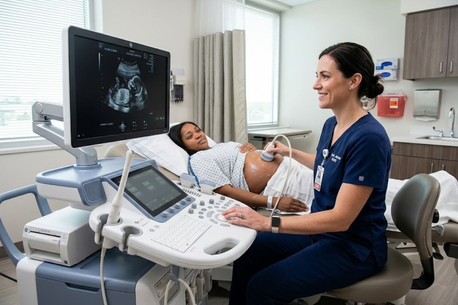 Professional ultrasound technician performing diagnostic sonogram on patient in modern healthcare facility