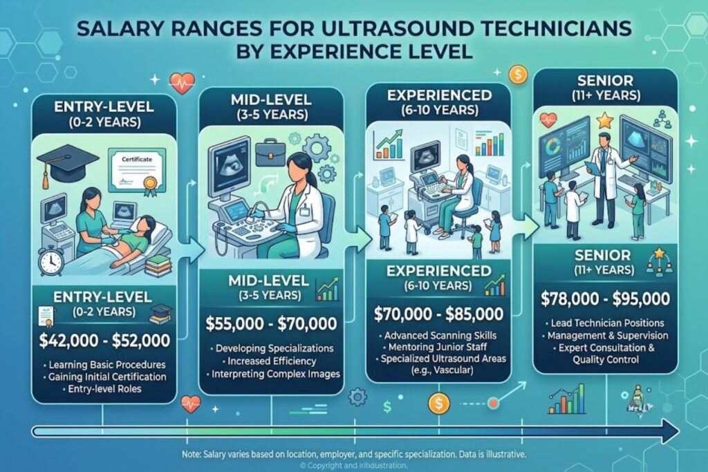 Salary ranges for ultrasound technicians by experience level from entry-level $42,000-$52,000 to senior $78,000-$95,000