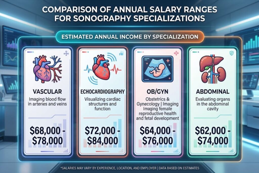Table comparing salaries for sonography specializations: Vascular $68,000-$78,000, Echocardiography $72,000-$84,000, OB/GYN $64,000-$76,000, Abdominal $62,000-$74,000
