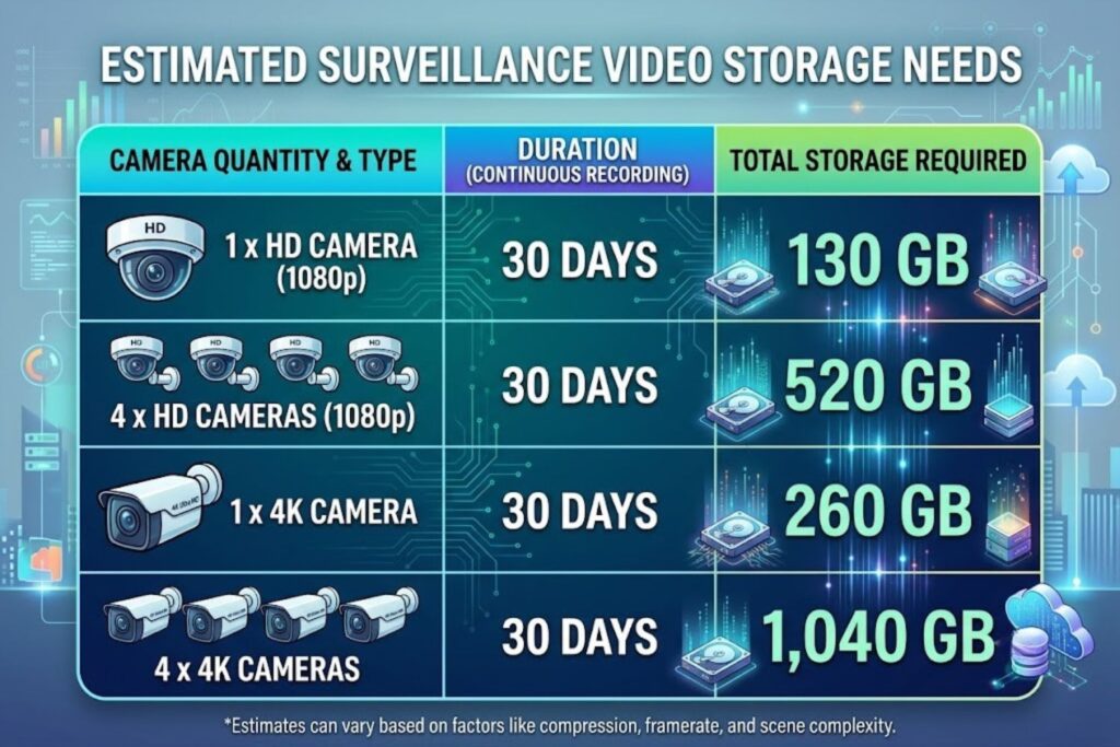 Storage requirements table showing 130 GB per month for 1 HD camera, 520 GB for 4 HD cameras, 260 GB for 1 4K camera, and 1,040 GB for 4 4K cameras