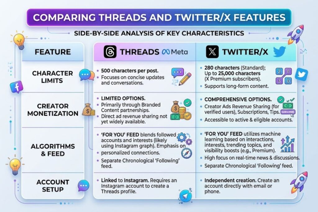 Table comparing Threads and Twitter/X features including character limits, monetization, and algorithms