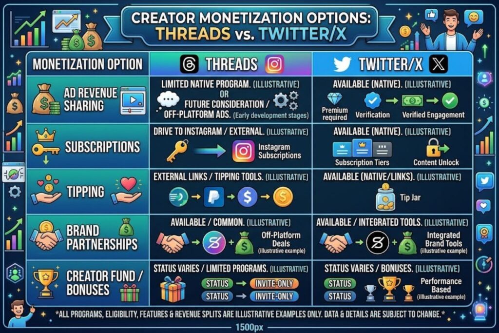 Chart comparing monetization options available to creators on Threads versus Twitter/X platforms