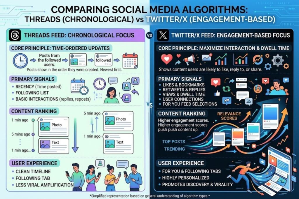 Infographic showing how Threads chronological algorithm differs from Twitter/X engagement-based algorithm